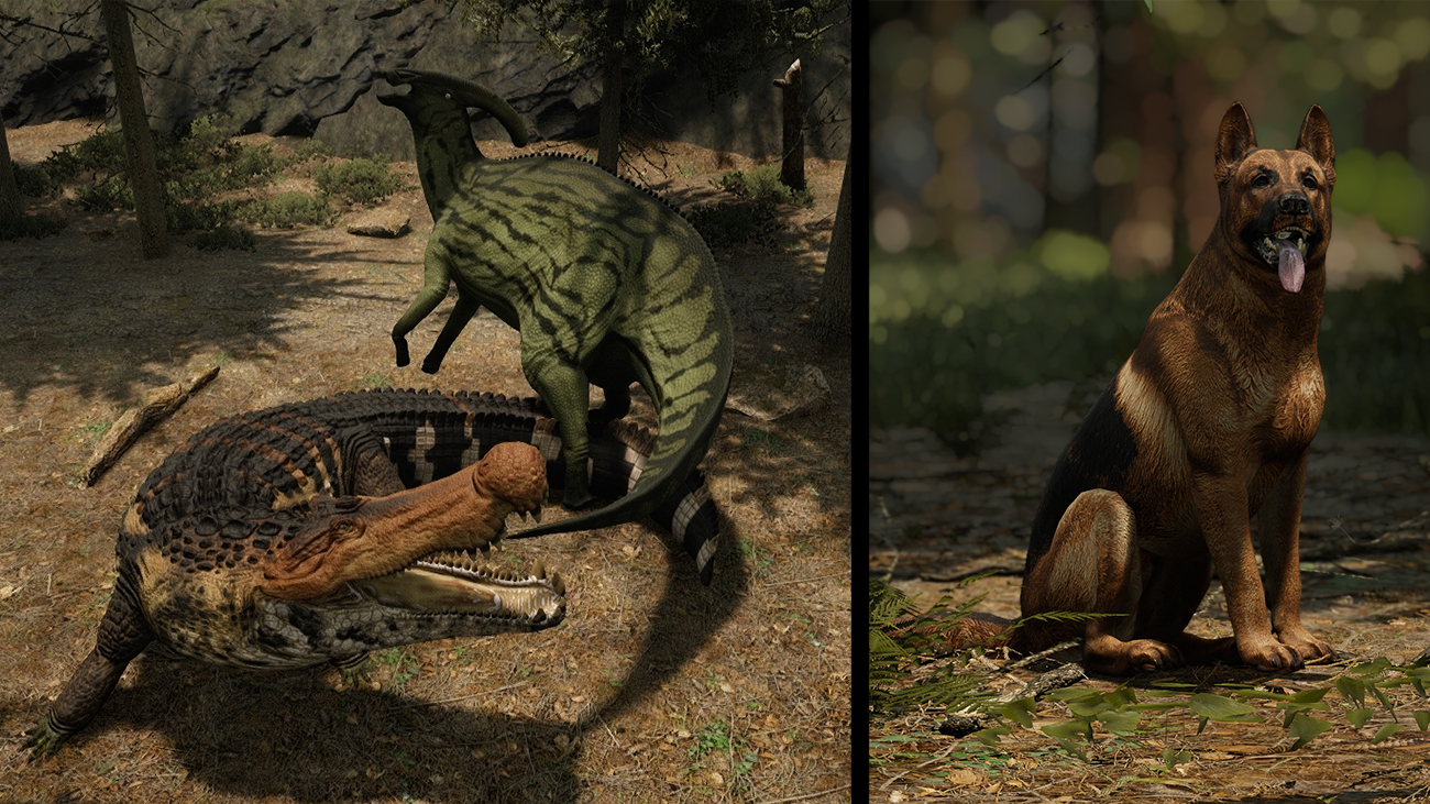 Left: KTO Additions Deinosuchus and Parasaurolophus. Right: Playable German Shepherd