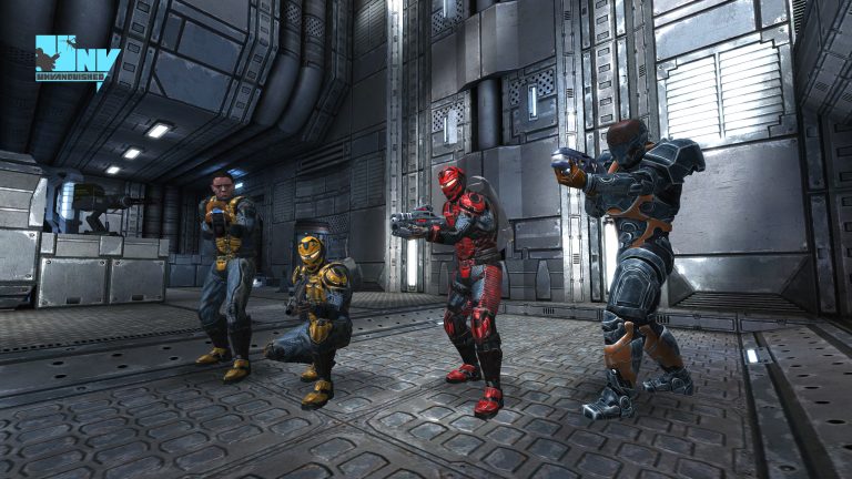 A fragile unprotected soldier clone with a construction kit, another soldier with light armour, radar and shotgun, one with a medium armour, jetpack and a lasgun, and another one wearing a battlesuit and carrying a lucifer cannon, equipped to face tyrants, posing in Forlorn map.