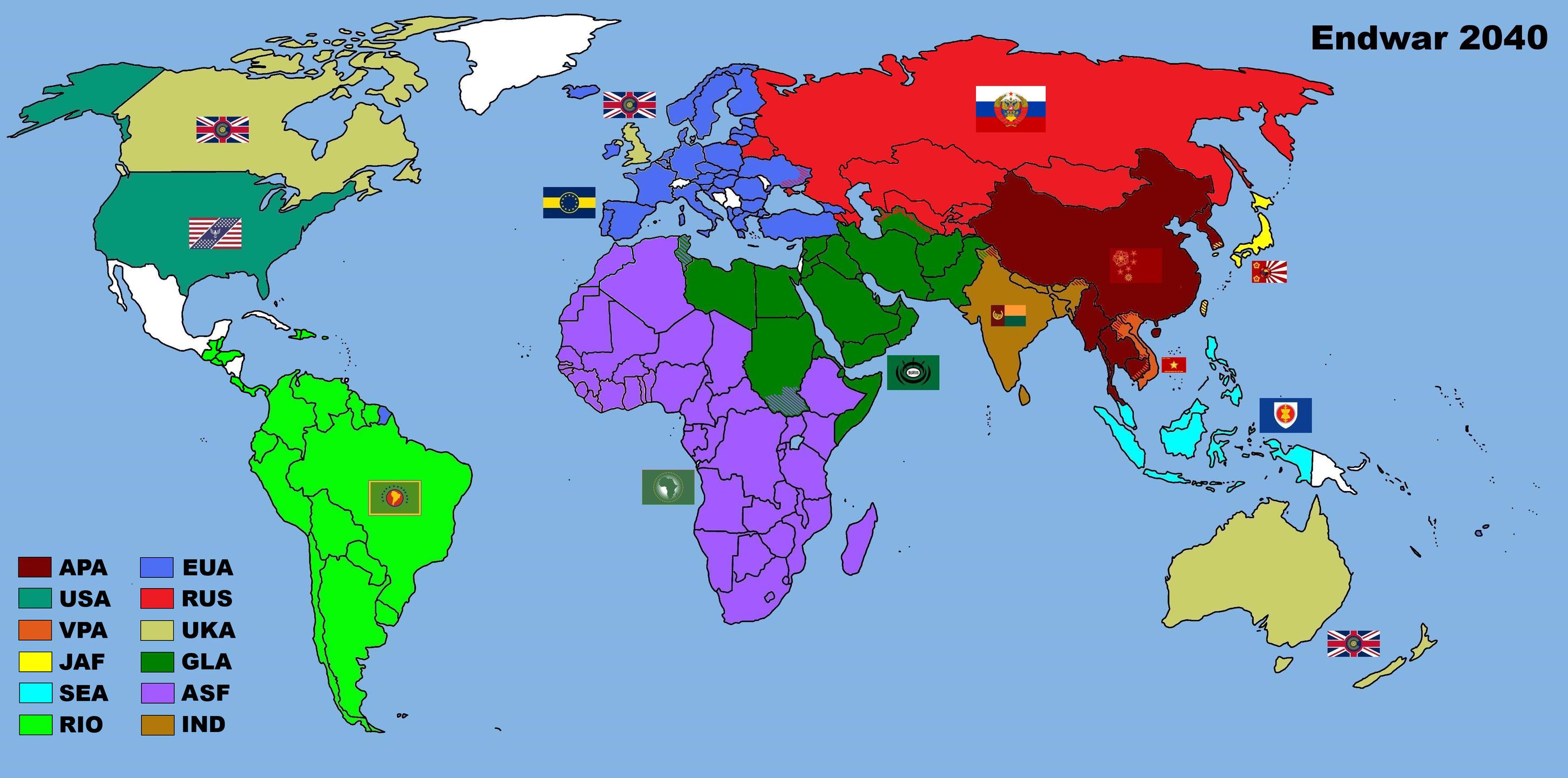 Có thể là hình ảnh về bản đồ và văn bản cho biết 'Endwar 2040 n APA USA VPA JAF EUA RUS UKA GLA ASF IND SEA RIO'