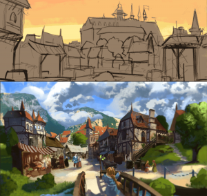 Concept art of a village, before being moved into a 3D environment