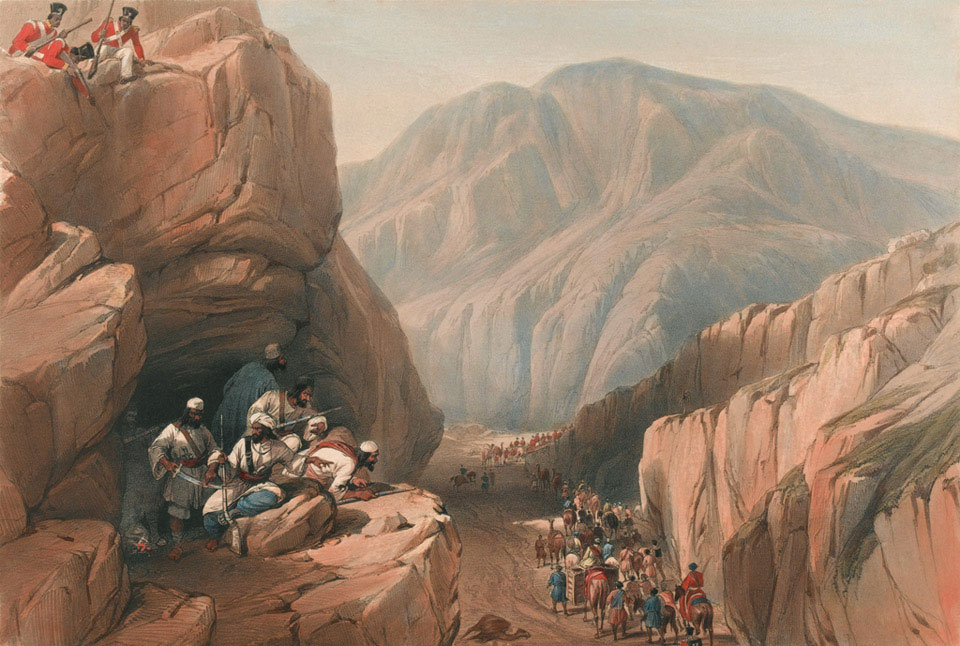 Tinted lithograph from 'Sketches in Afghanistan', 1838-1842, by Louis and Charles Haghe after James Atkinson, published by Henry Graves and Company and J W Allen and Company, 1 July 1842.  As they travelled along the narrow passes between the high ridges of Baluchistan, the British and Indian troops of the Army of the Indus were vulnerable to ambush by the Baluchis, who hid in dens in the ravines. Skirmishes and sniping attacks were common events.