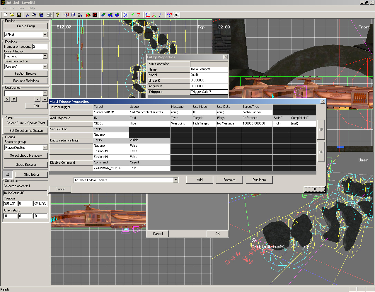 A typical work session in the level editor. Here we have the multicontroller editing interface.