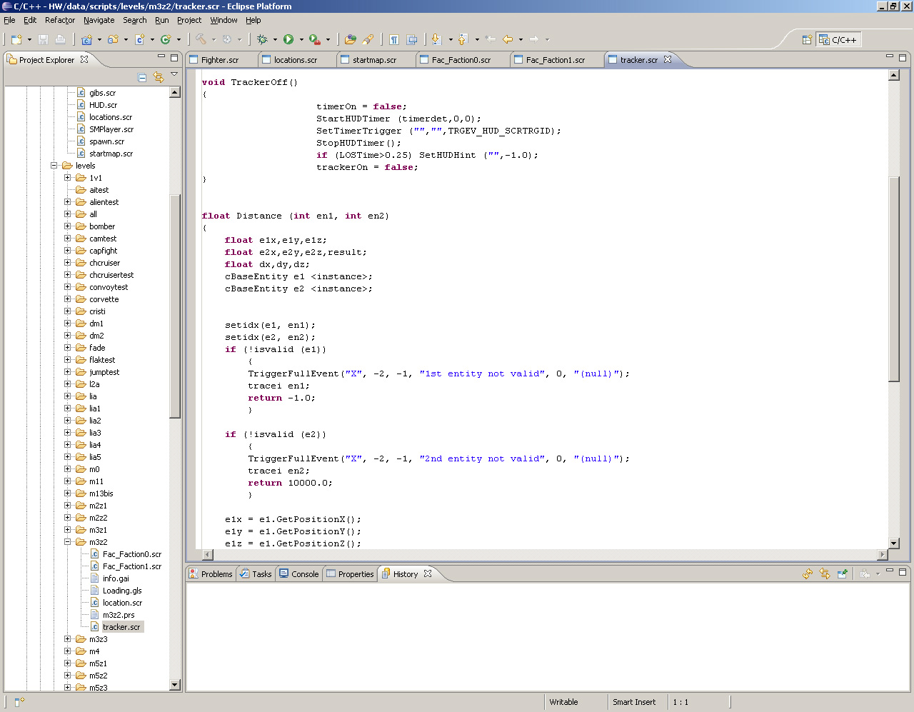 A shot of a script file opened in Eclipse. Notice the C/C++ plugin syntax highlighting.