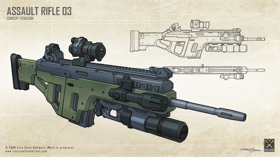 Near final concept of the Assault Rifle 03. Shown here with extensions; Light, G-Launcher, ER-Scope.
