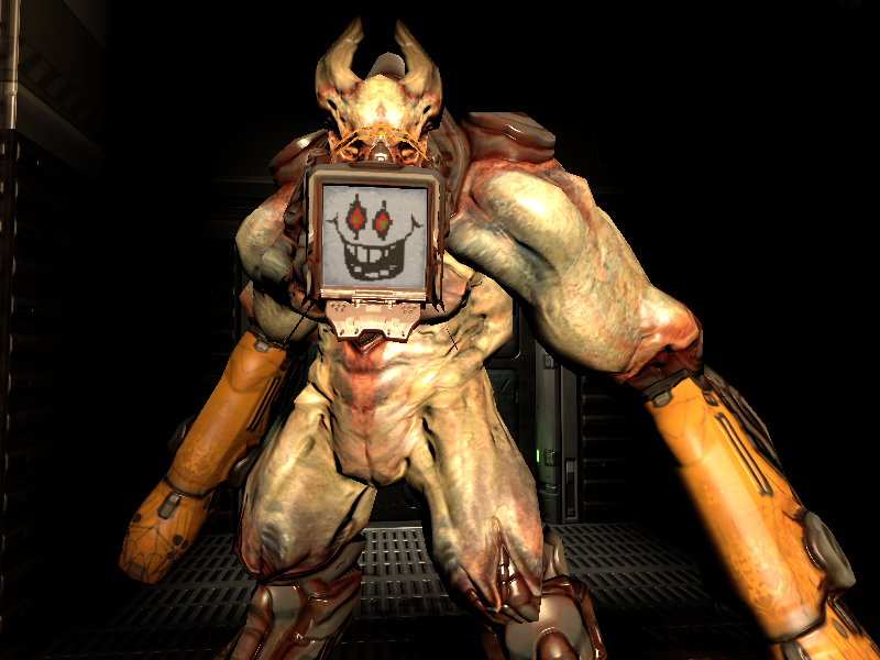 replaced the Bruiser's screen into Omega Flowey's face and the results are  both goofy and horrifying : r/Doom