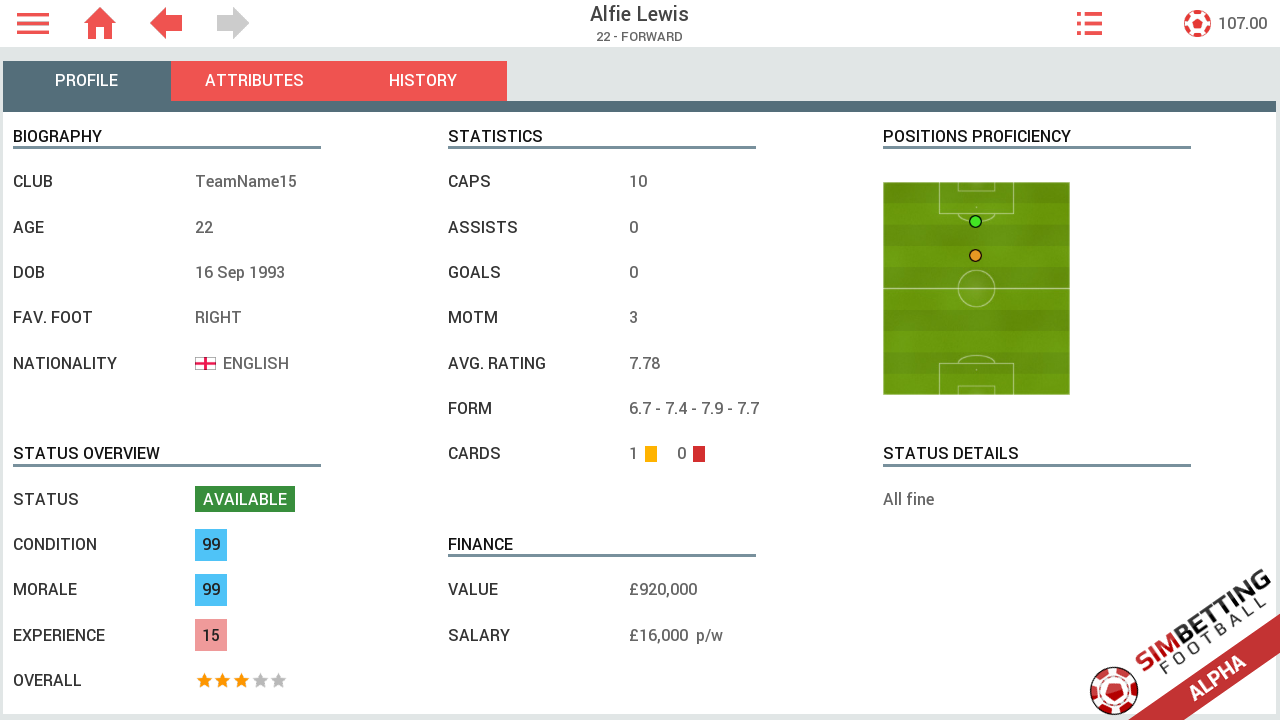 Sim Betting Football - the player profile