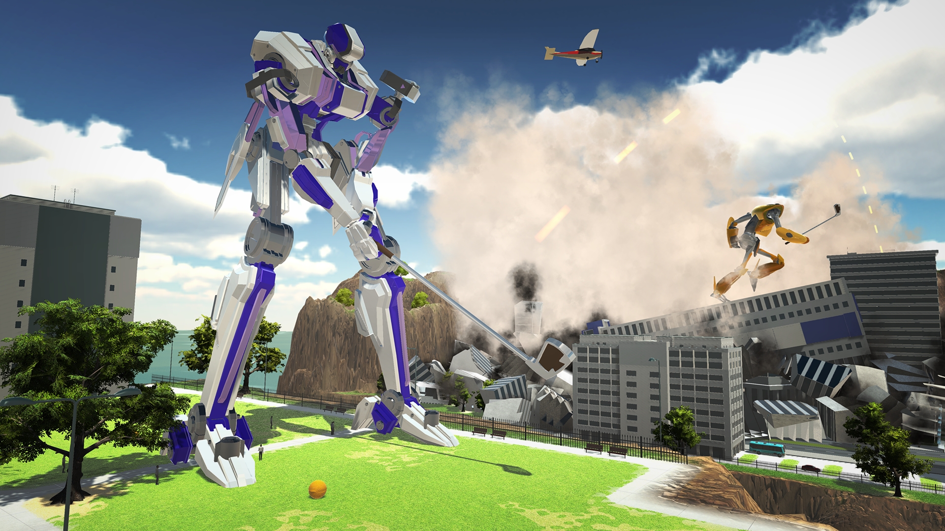 Игры уничтожить роботов. 100ft Robot Golf. Гигантский робот. Гигантский робот рушит город. Робот разрушает город.