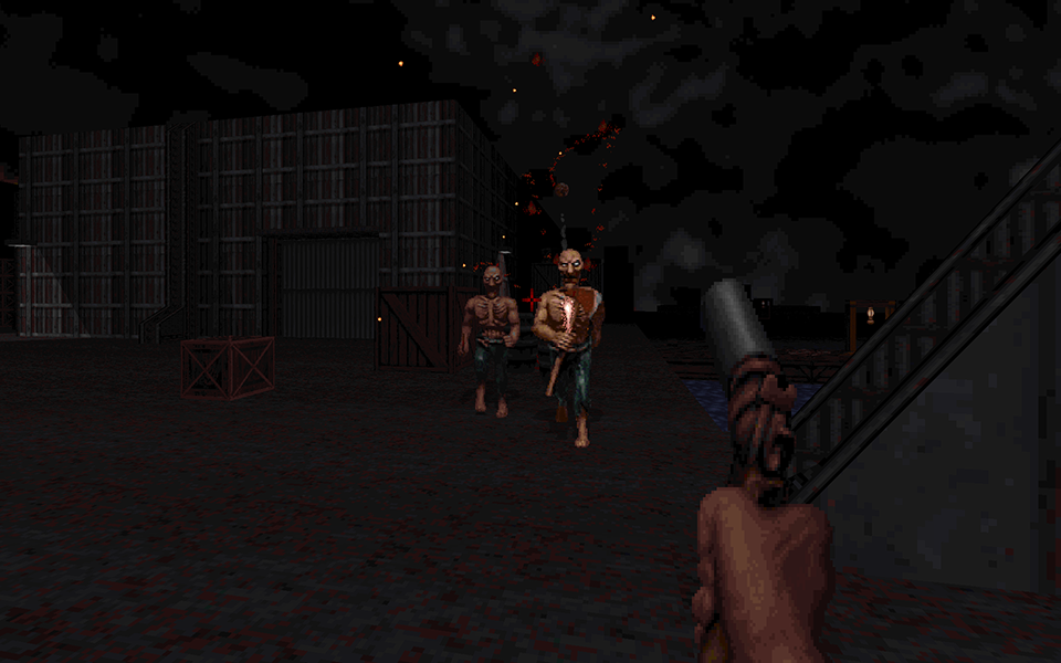 A flare pistol being fired at zombies in quite a blocky environment.