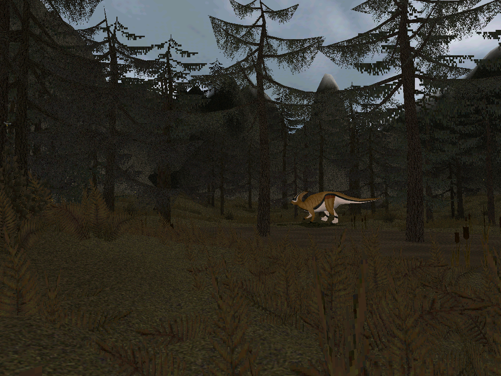 Hunting a parasaur in a dried out woodland