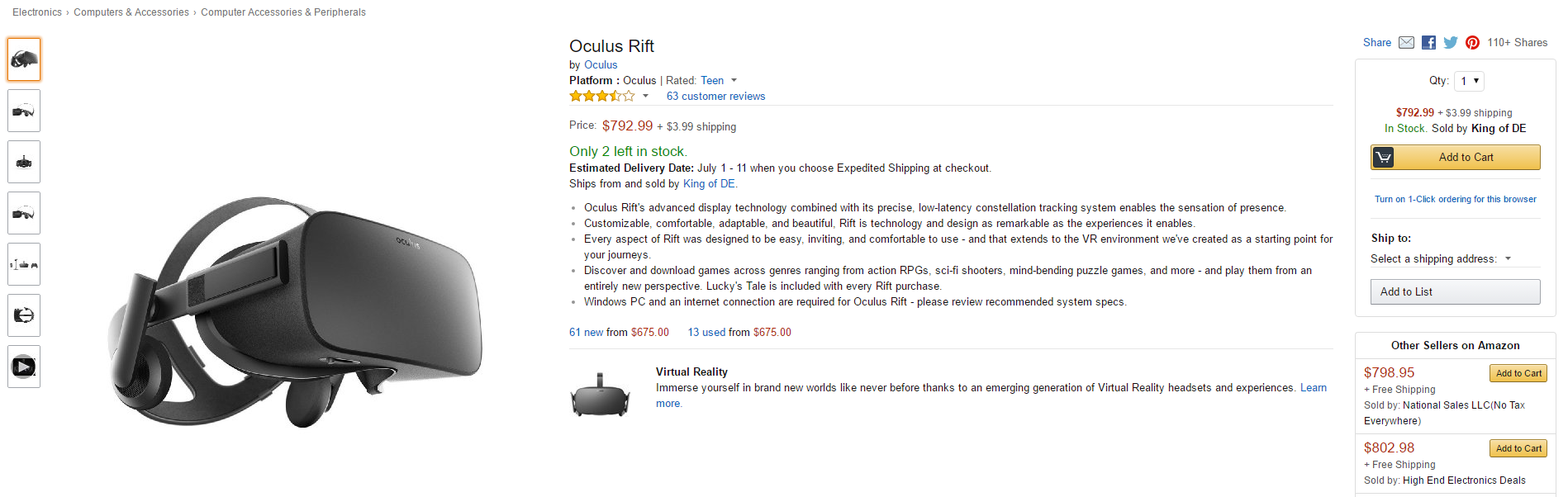 oculus rift retail amazon