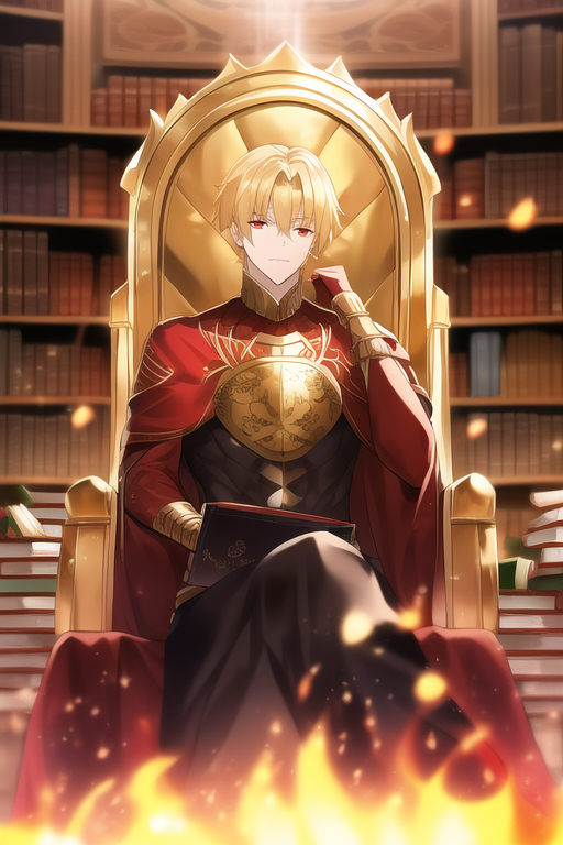 Gilgamesh on a throne in his study, a fire between him and the Viewer. Art by NovelAI.