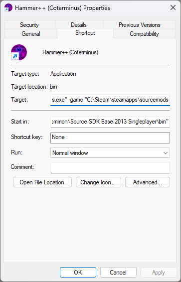 An example screenshot of a Hammer++ shortcut configured to launch with the Coterminus configuration