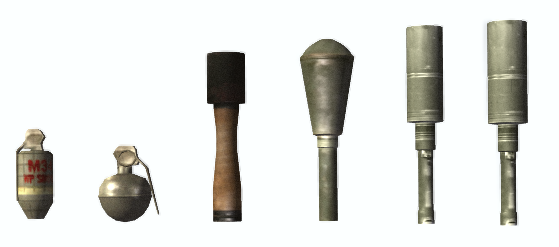 New grenades: M34 WP grenade, M59 fragmentation grenade, Type 67 hand grenade, RPG-6 Handheld Anti-Tank Grenade, RKG-3 and RKG-3EM Anti-Tank Grenade