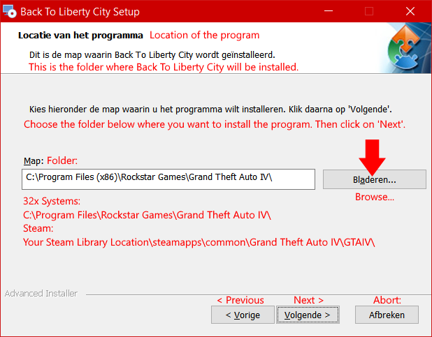 Click Bladeren... to browse for GTA IV install location