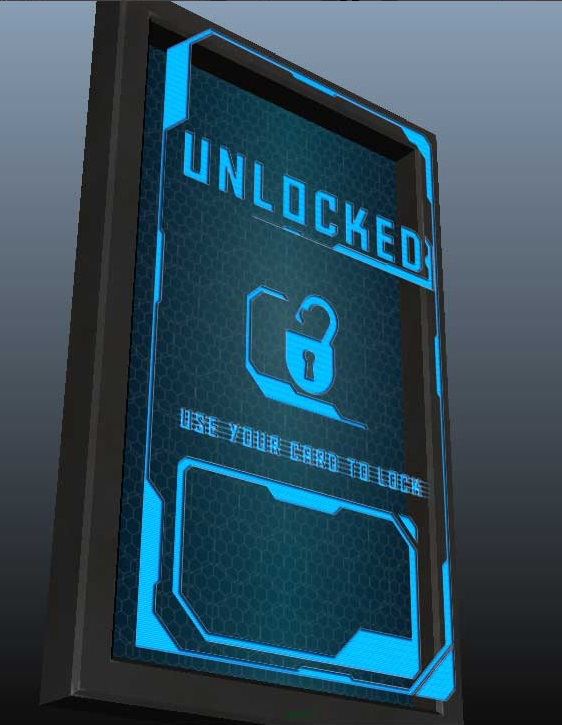 The holographic panel displaying that the room has been unlocked