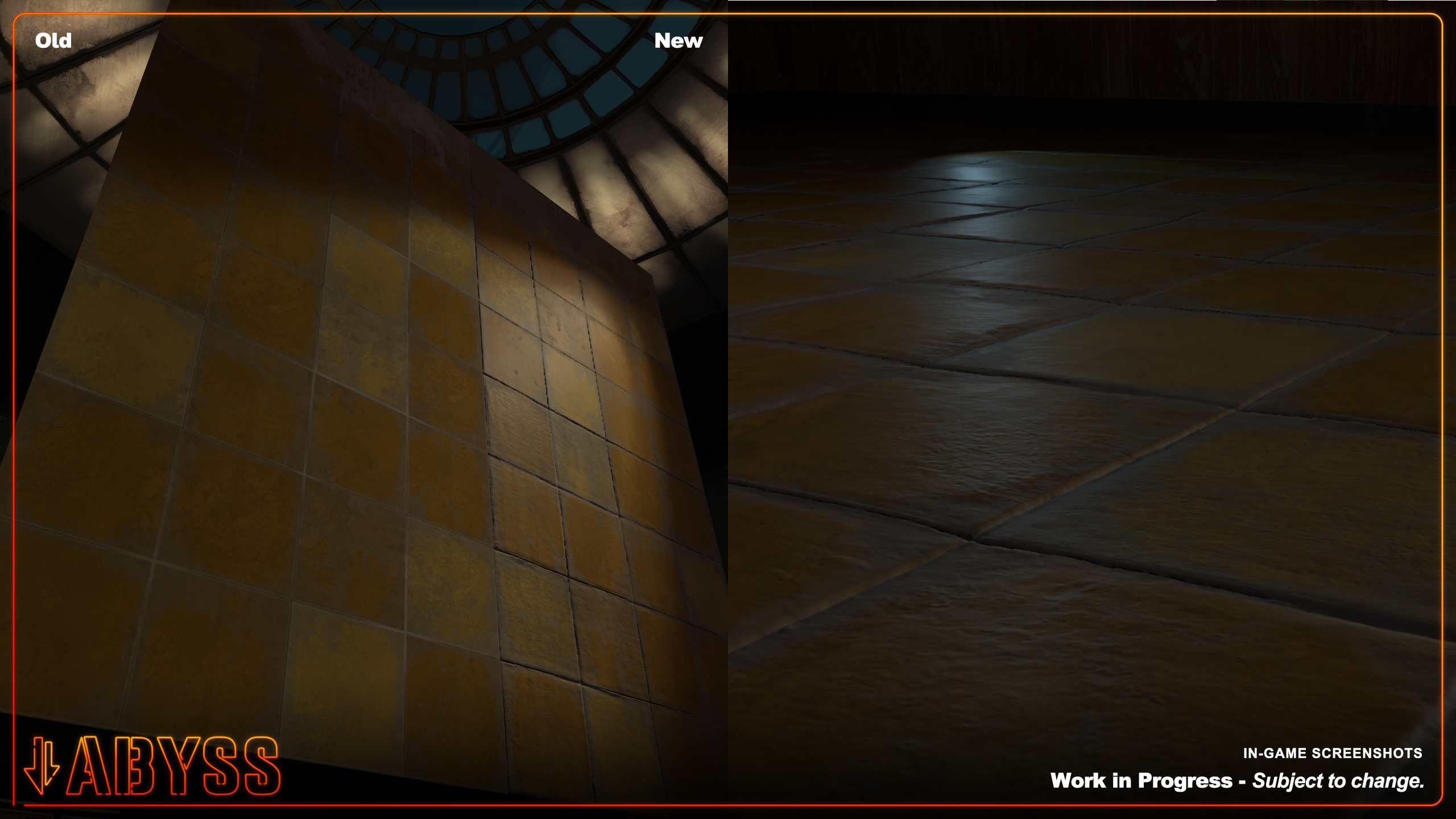 A comparison between the 1970s floor tile texture from Portal 2 and the Abyss remaster.