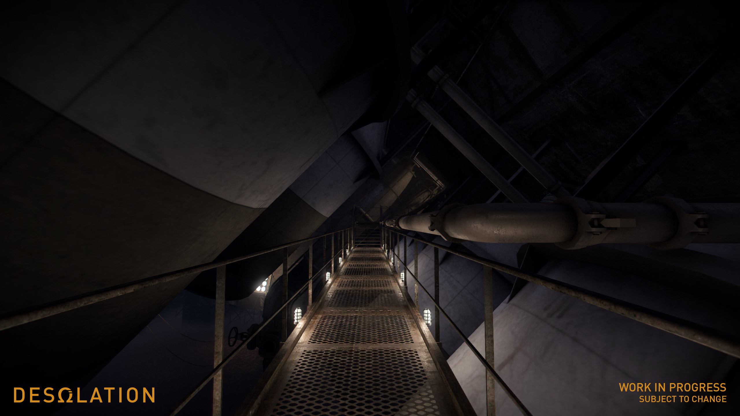 A view looking down a suspended catwalk in between large industrial storage tanks.