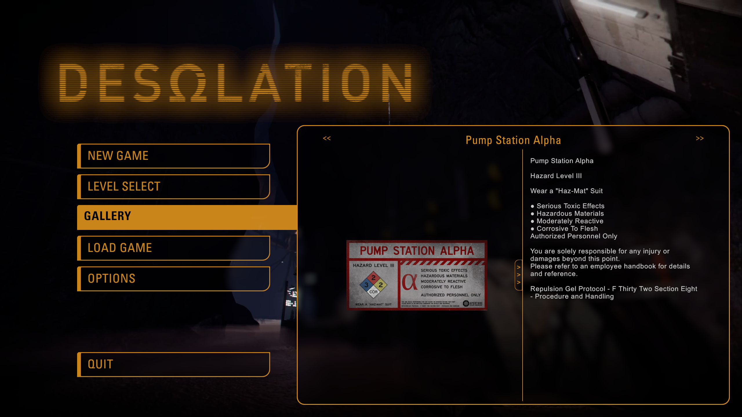 The Gallery screen on the main menu of Desolation, showing posters and signs that the player has discovered.