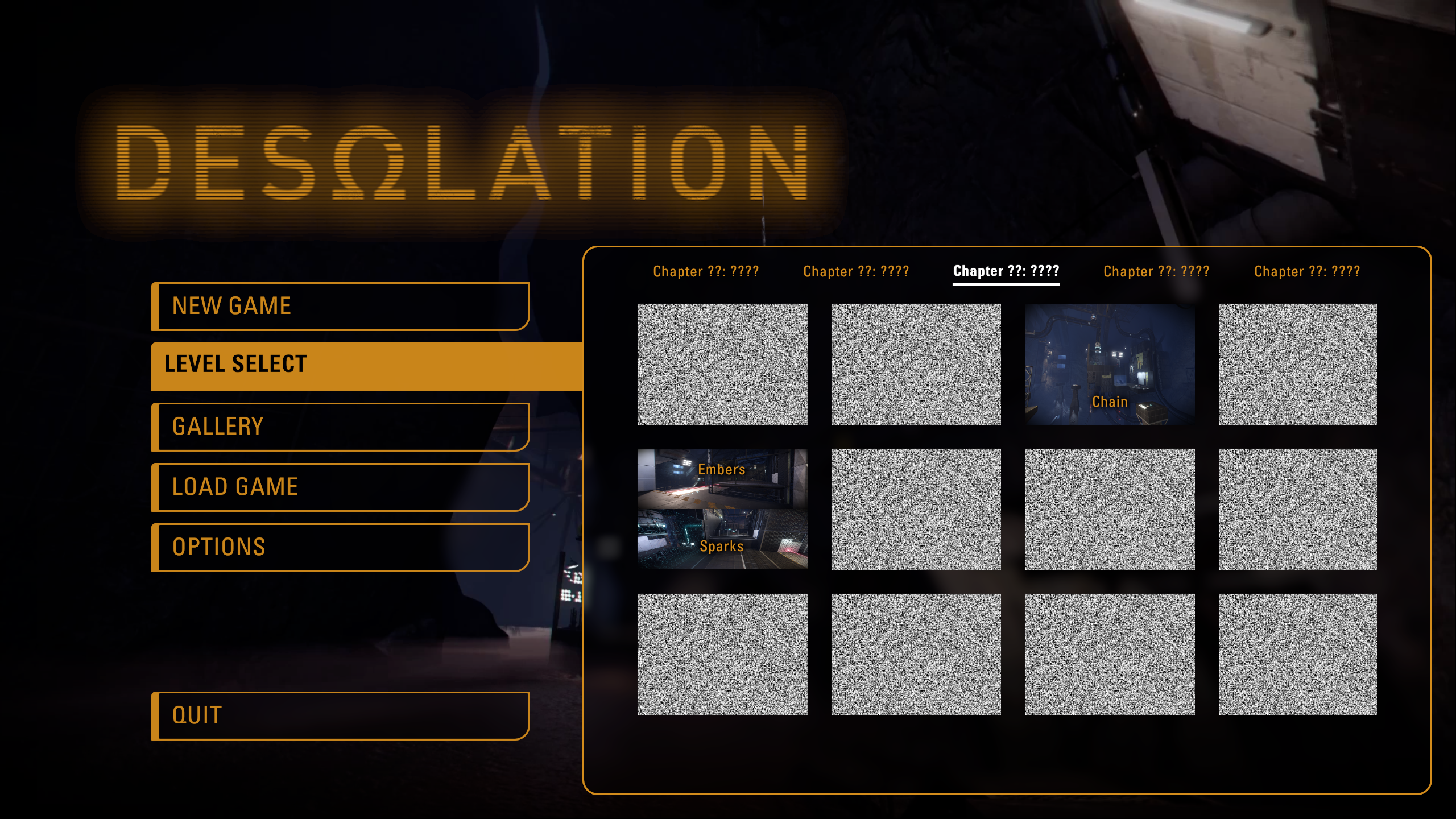 The Level Select screen on the main menu of Desolation, showing unlocked levels with locked levels hidden.