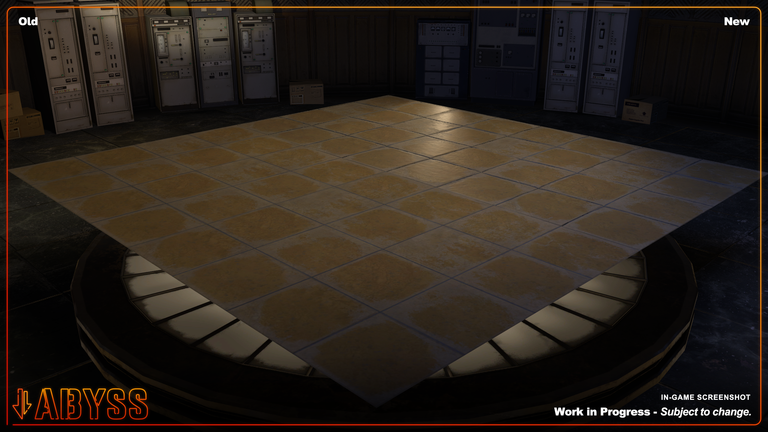 A comparison between an office floor tile texture from Portal 2 and the Abyss remaster.