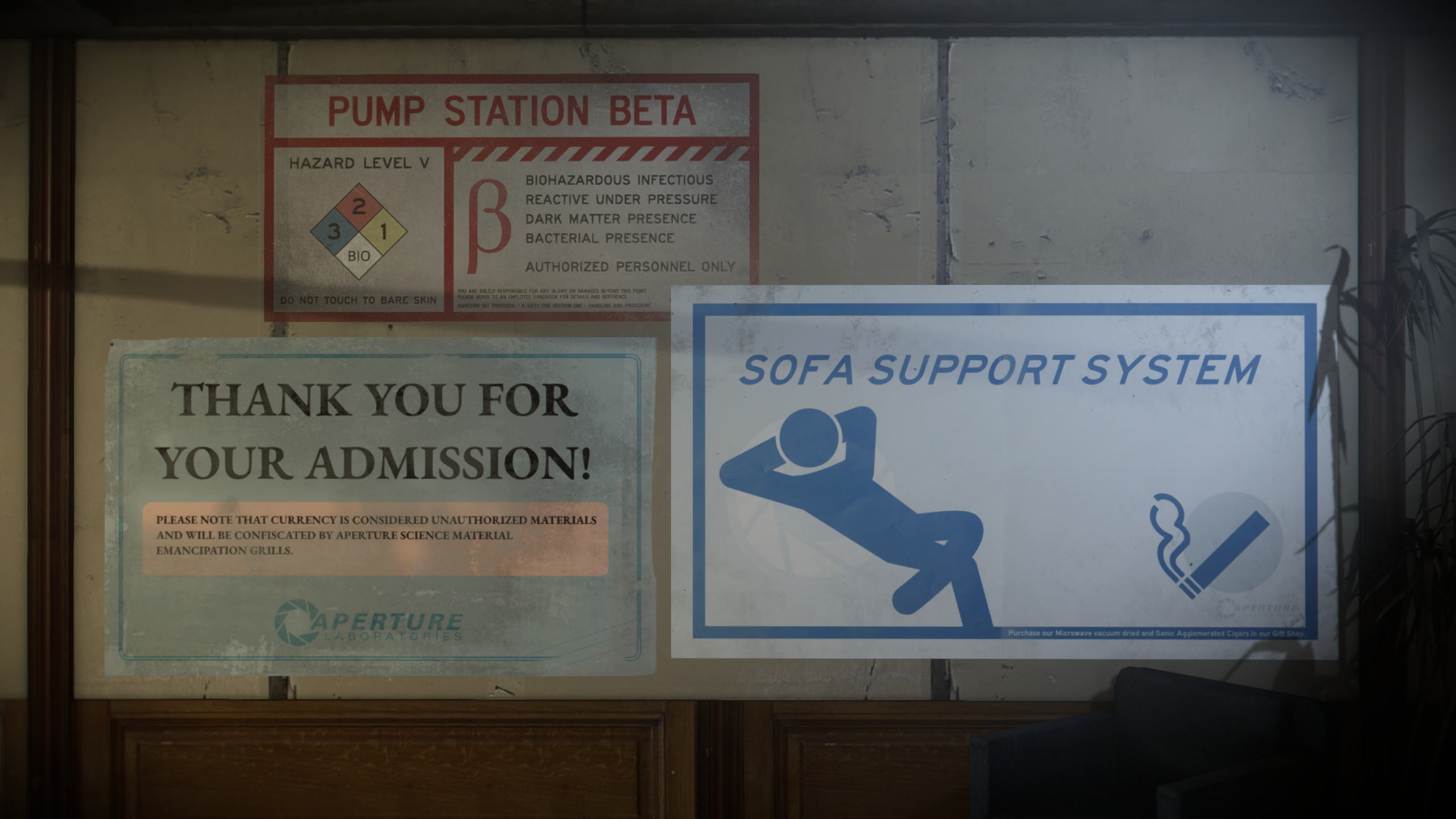 An in-game screenshot showcasing some of Desolation's posters and signage.