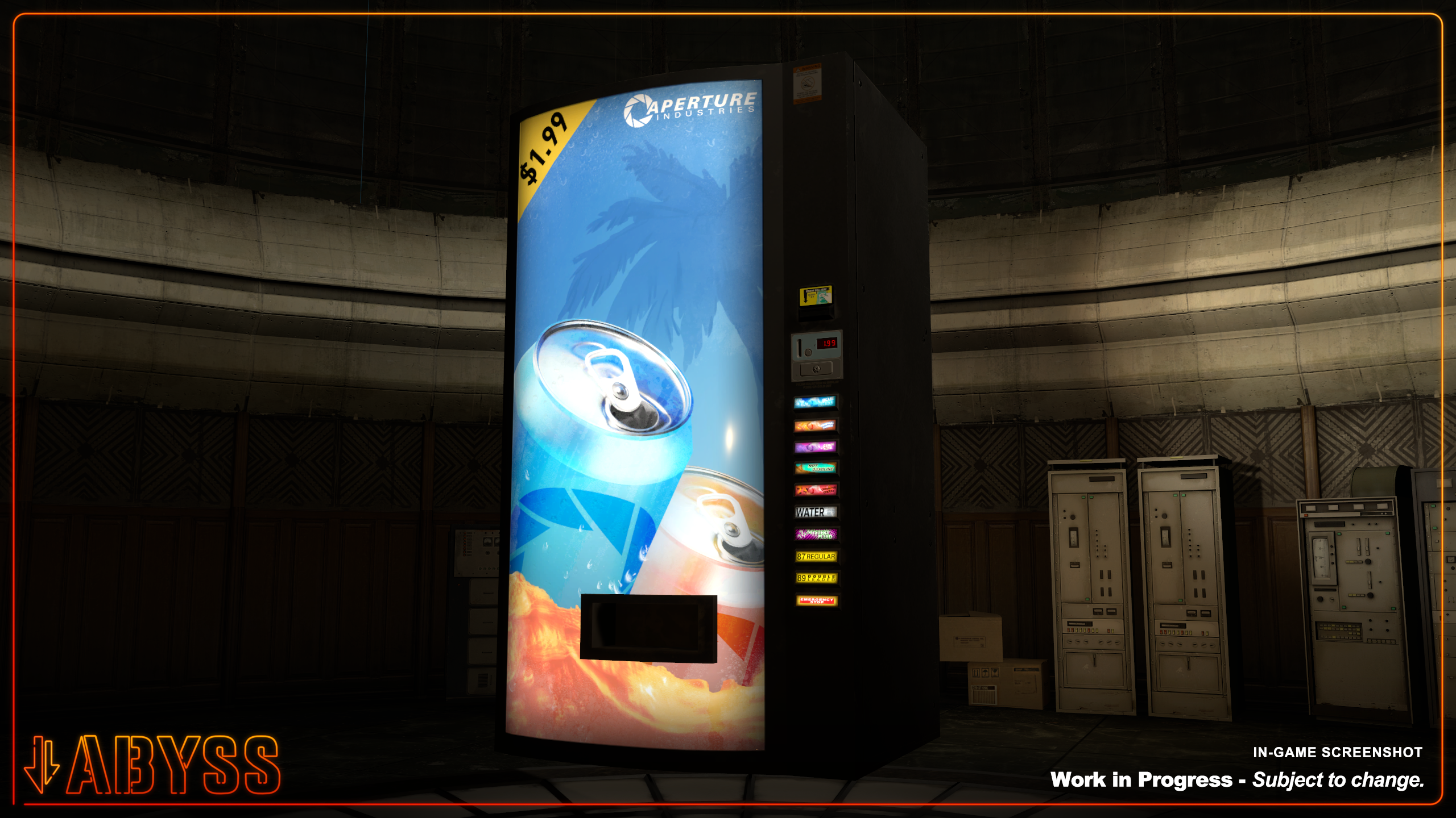 An Aperture Industries branded vending machine, with eight delicious and mouth-eroding drinks to choose from.