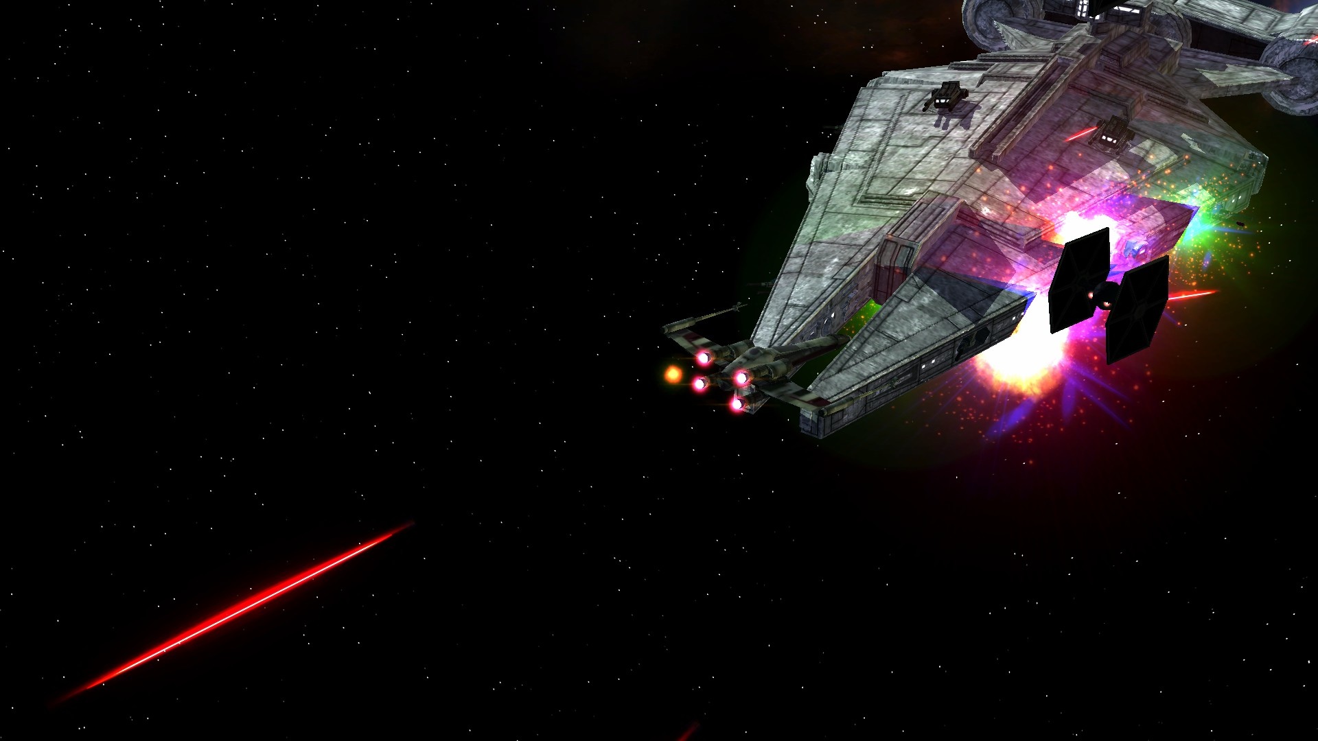 Rebel Z-95 engaging TIE Fighter over an Arquitens cruiser.