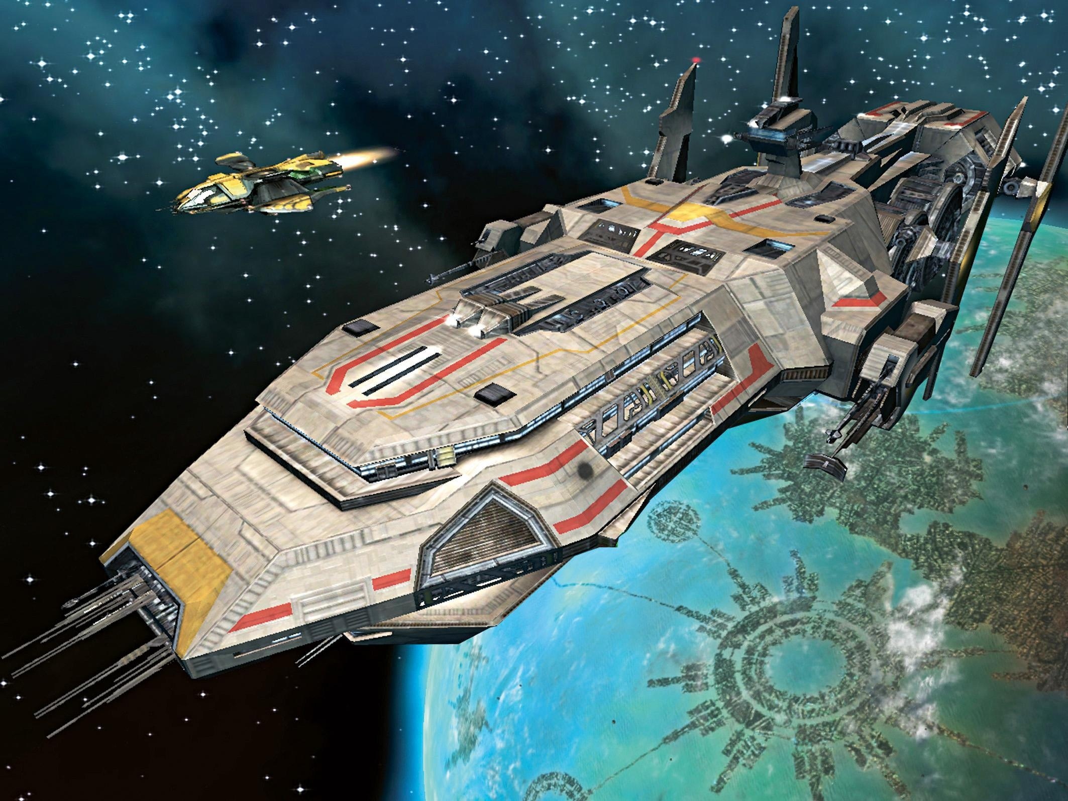 Darkstar One and Terran cruiser above civilized planet
