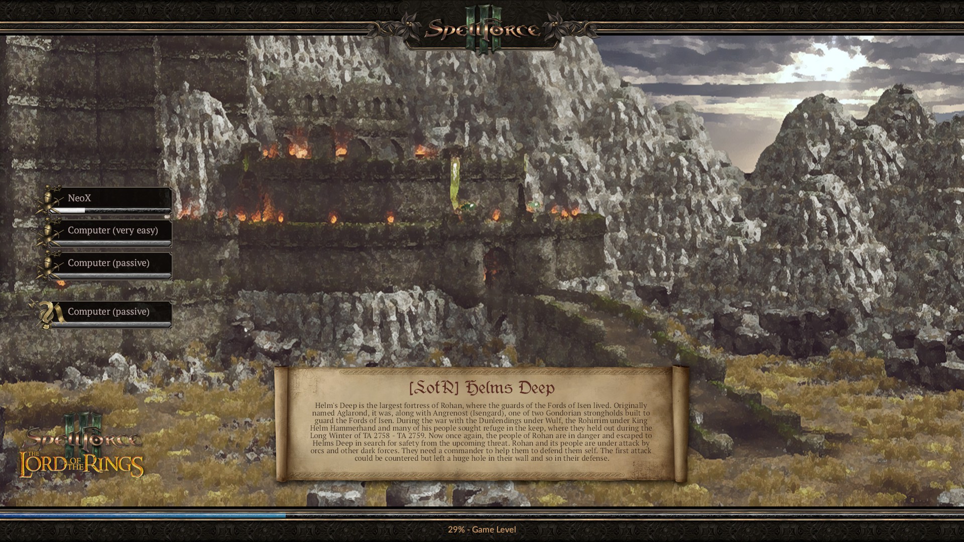 Ingame screenshot of the finished Helms Deep Episode loading screen with Coop-Mode