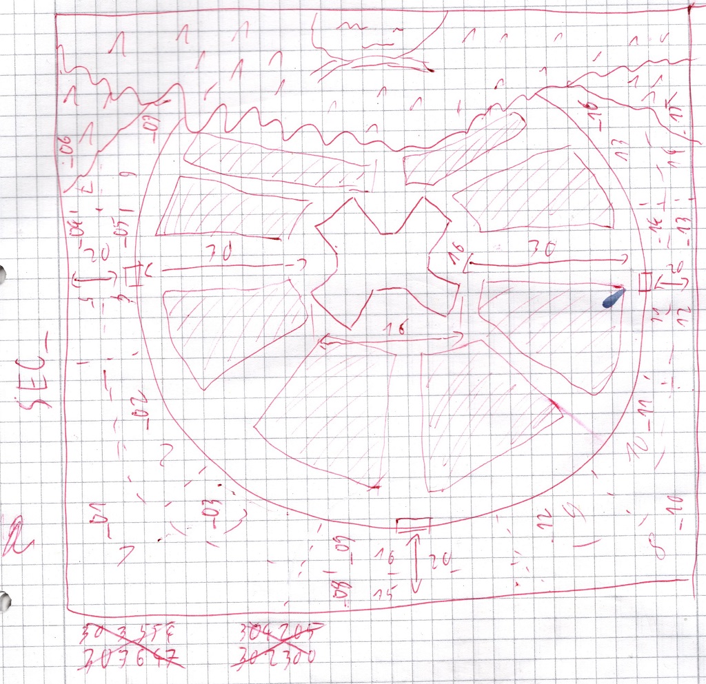 Plan (on paper) of the level map/episode of Isengard with space and logic parameters