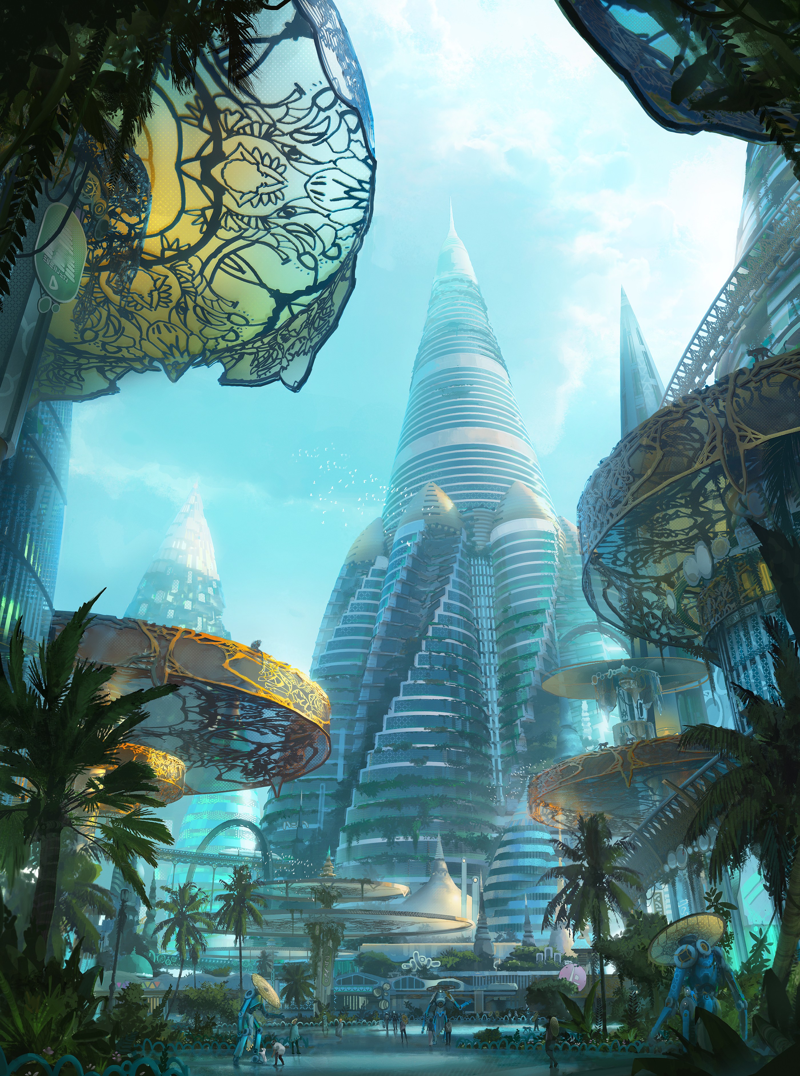 solarpunk,city, green,plants, buildings,art nouveau, concept art 