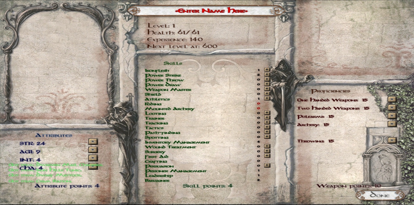 mount and blade starting stats